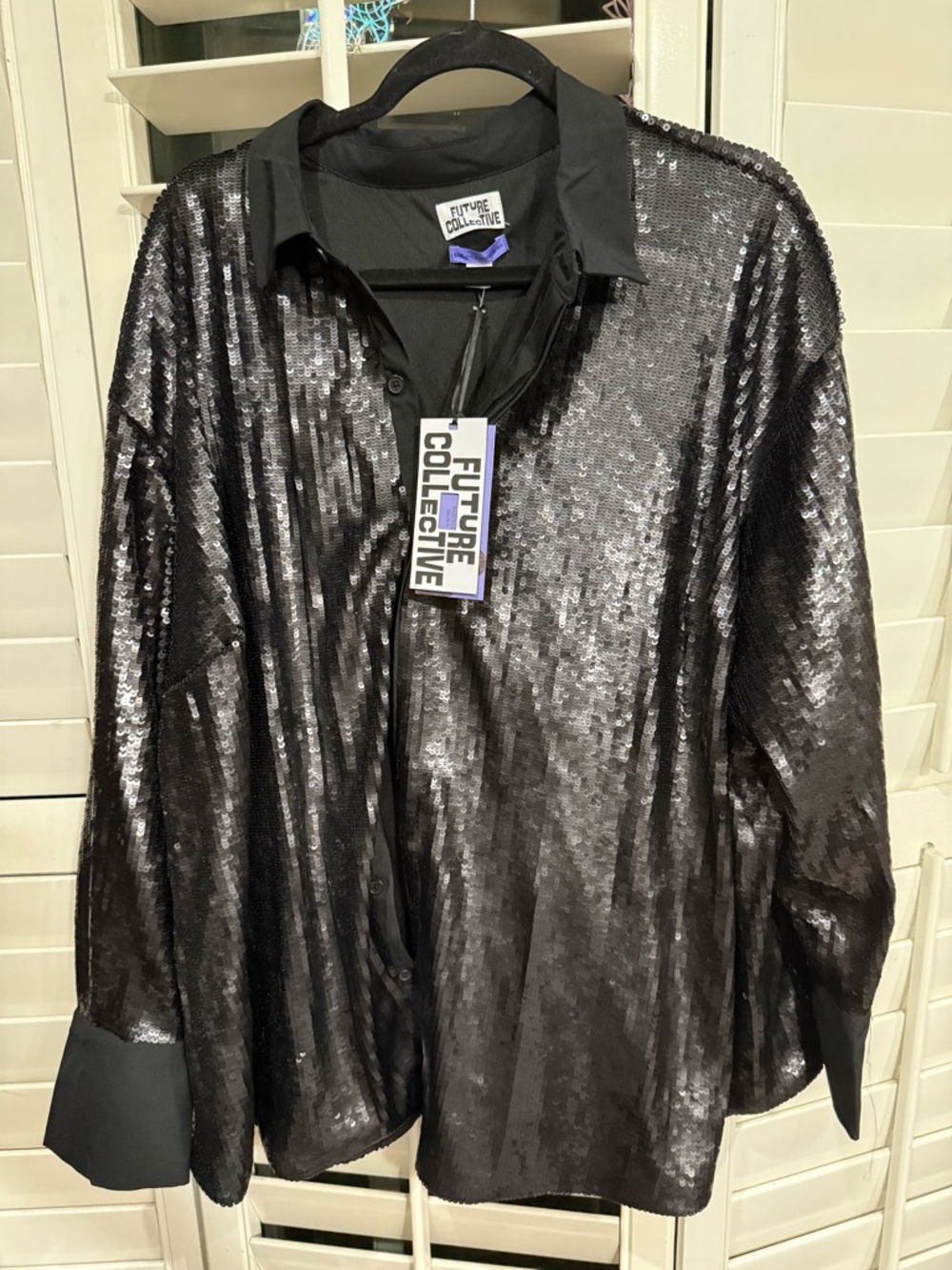 Future Collective Black Sequin Double Lined Button-Up Shirt - NWT